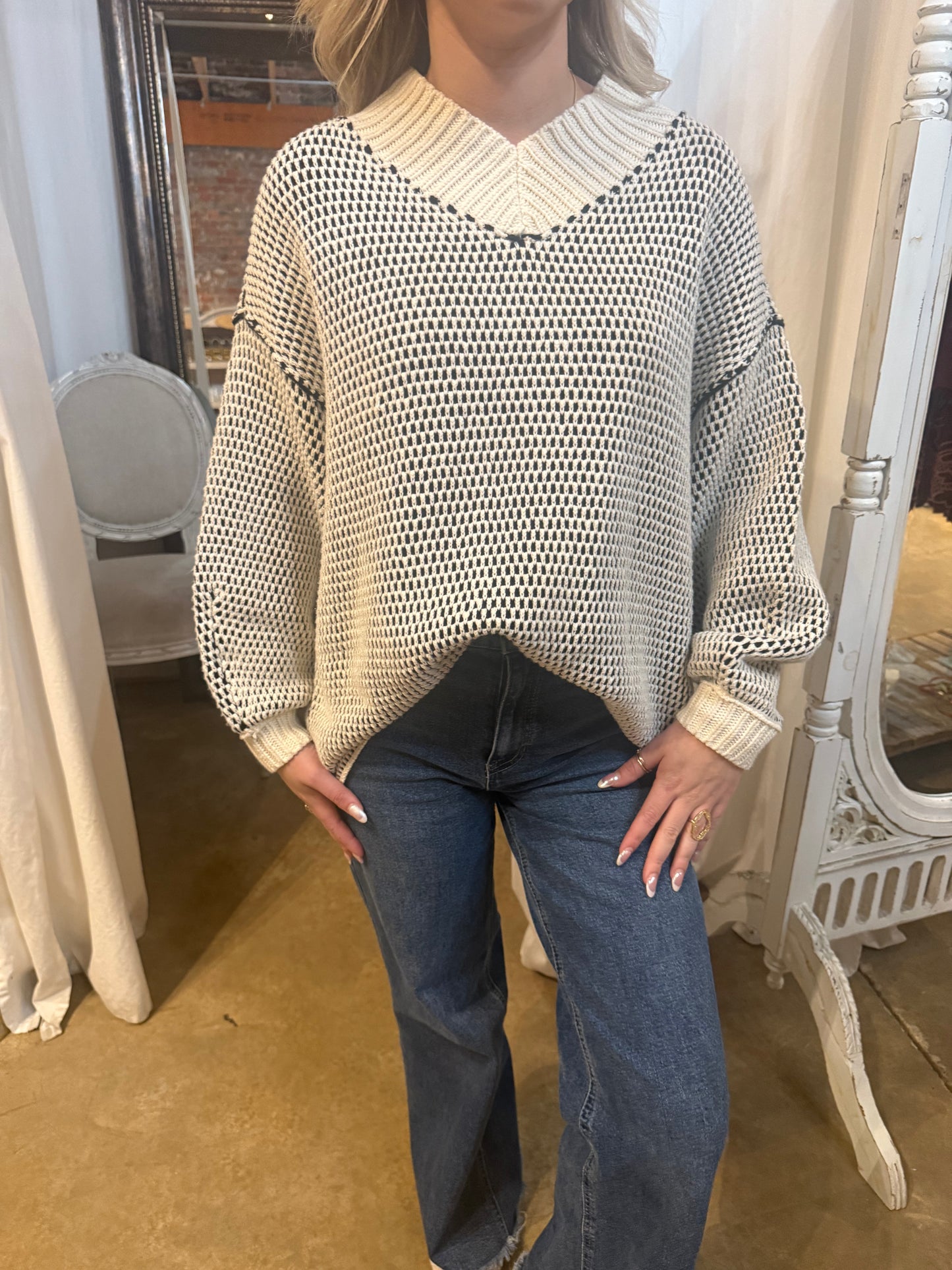 Ivory Black Combo Free People Sweater