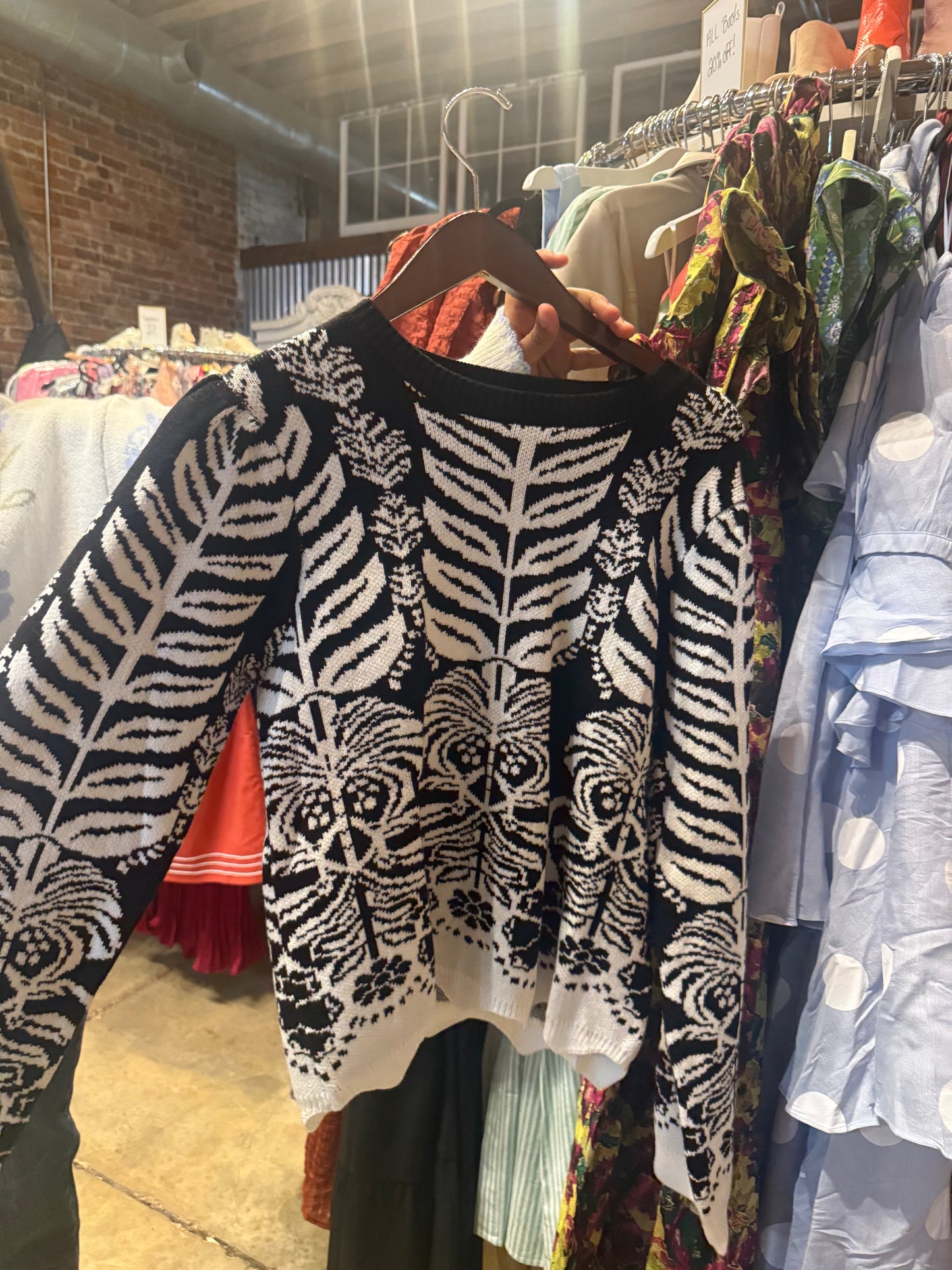 Black and White Print Scalloped Sweater