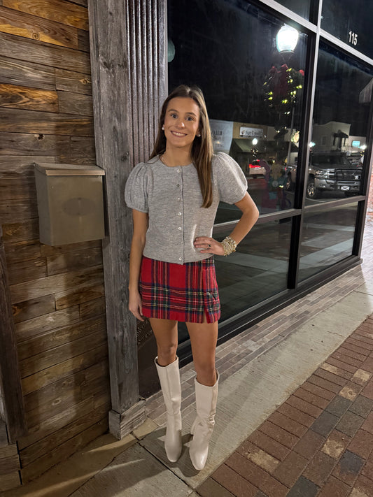 Grey Button Short Sleeve Sweater