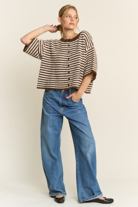 Brown & White Striped Button Sweater