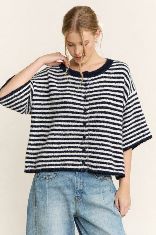 Navy & White Striped Button Up Sweater