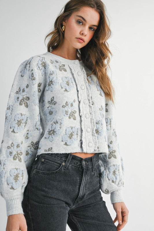 Blue Floral Button Up Sweater