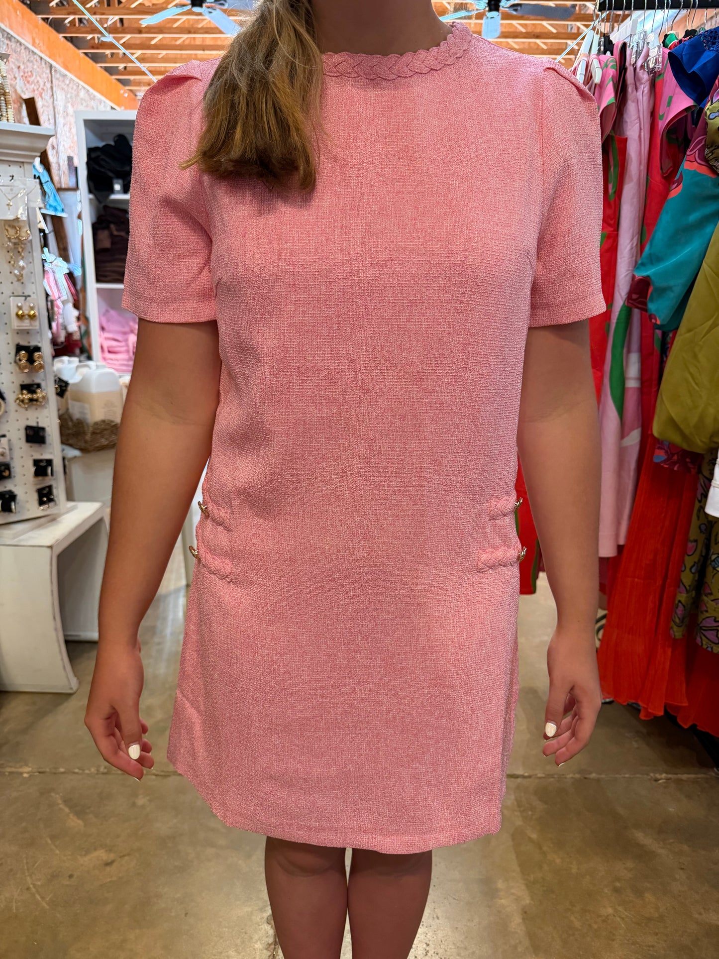 Tweed Pink and Gold Button Dress