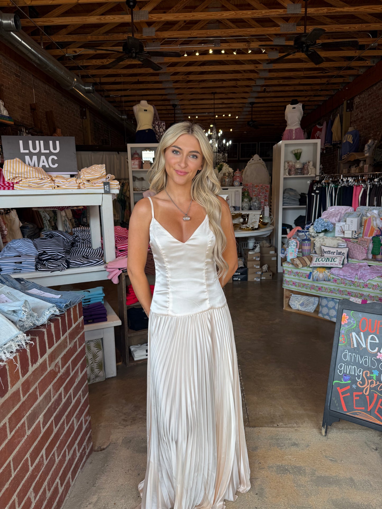 Satin Pearl Pleated Dress