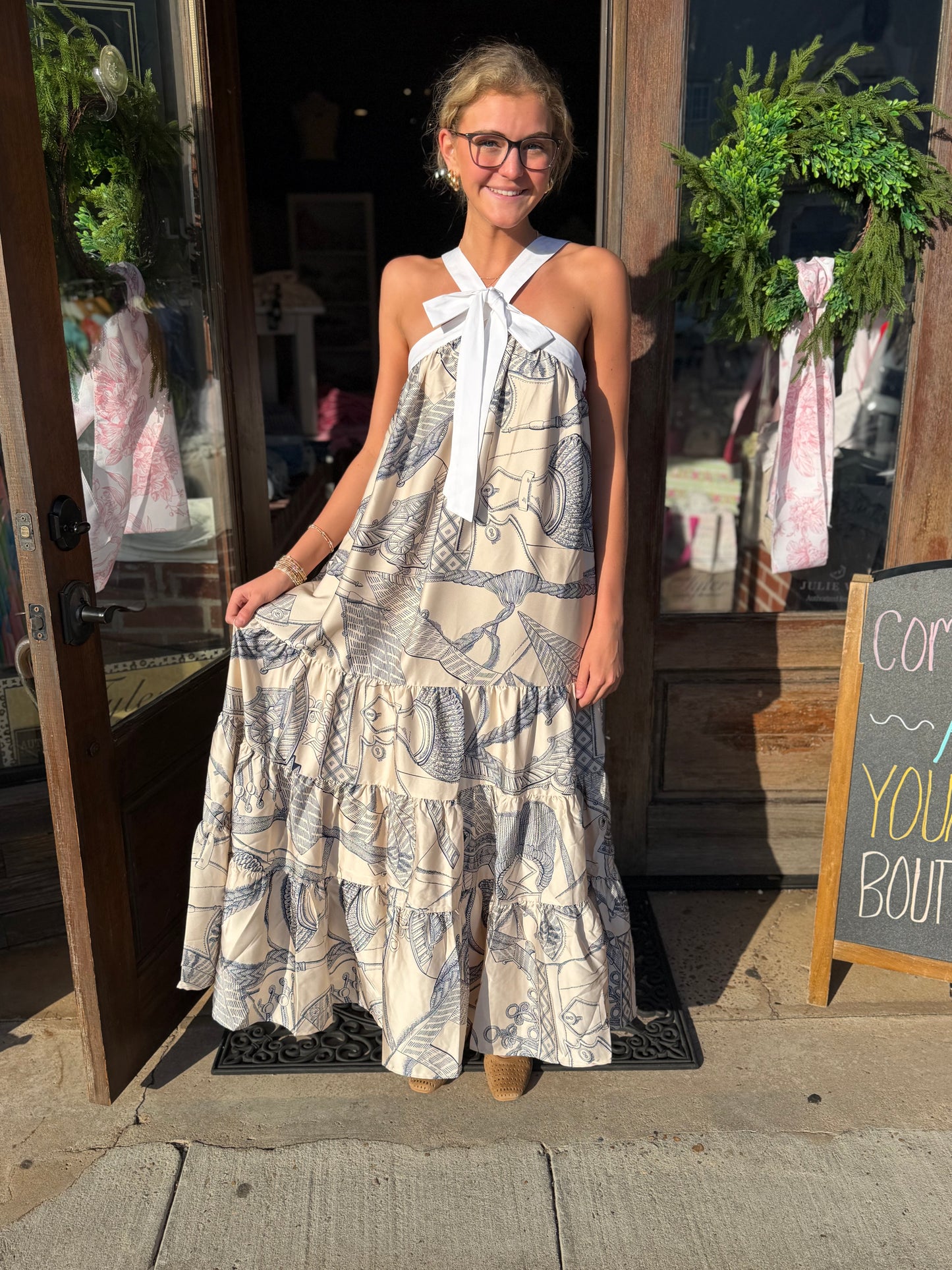 Rope Print Halter Tiered Maxi Dress w/Bow
