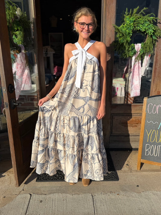 Rope Print Halter Tiered Maxi Dress w/Bow