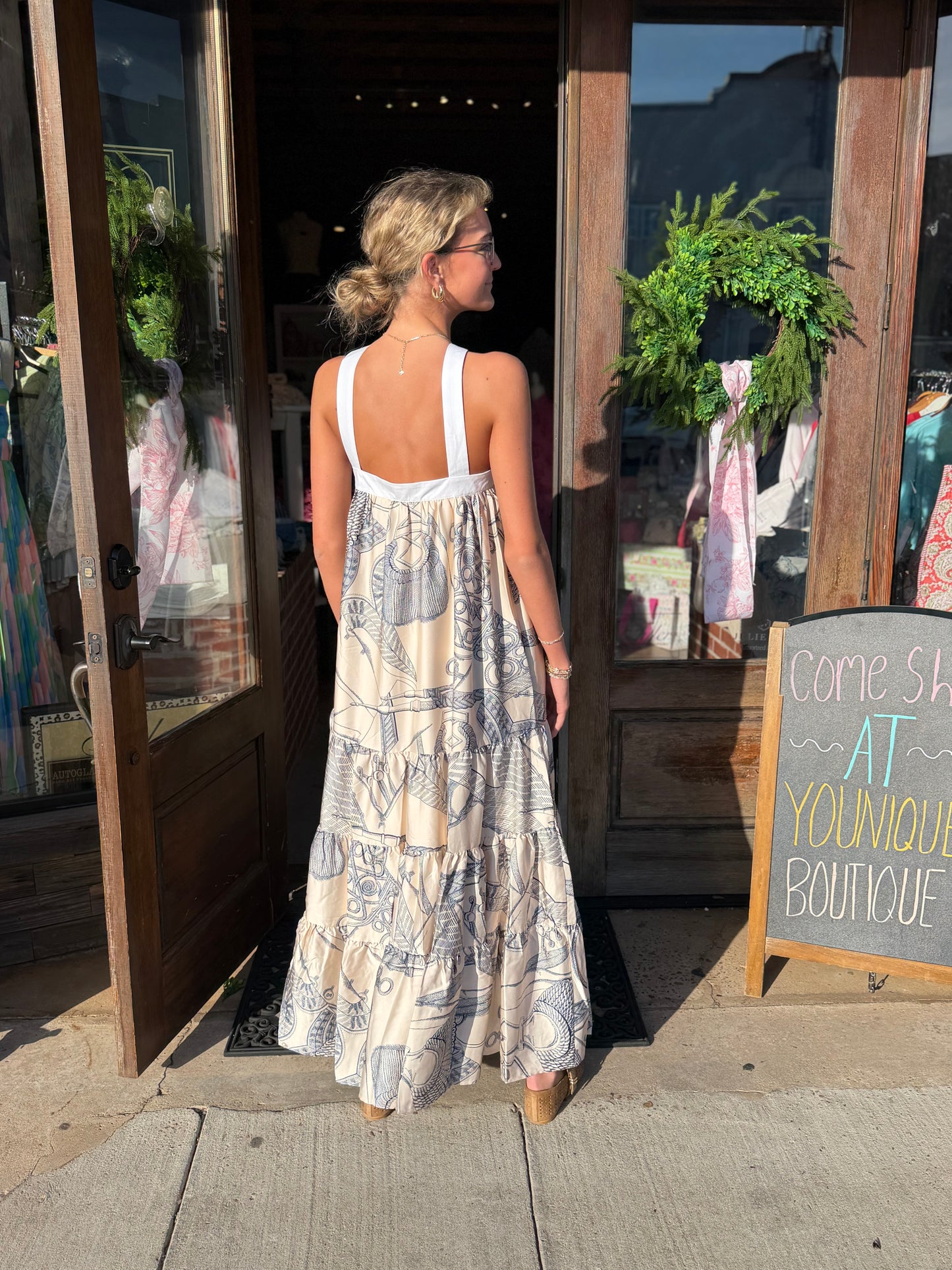 Rope Print Halter Tiered Maxi Dress w/Bow