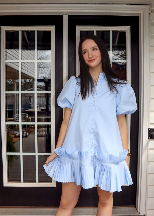 Pleated Hem Shirt Dress in Blue