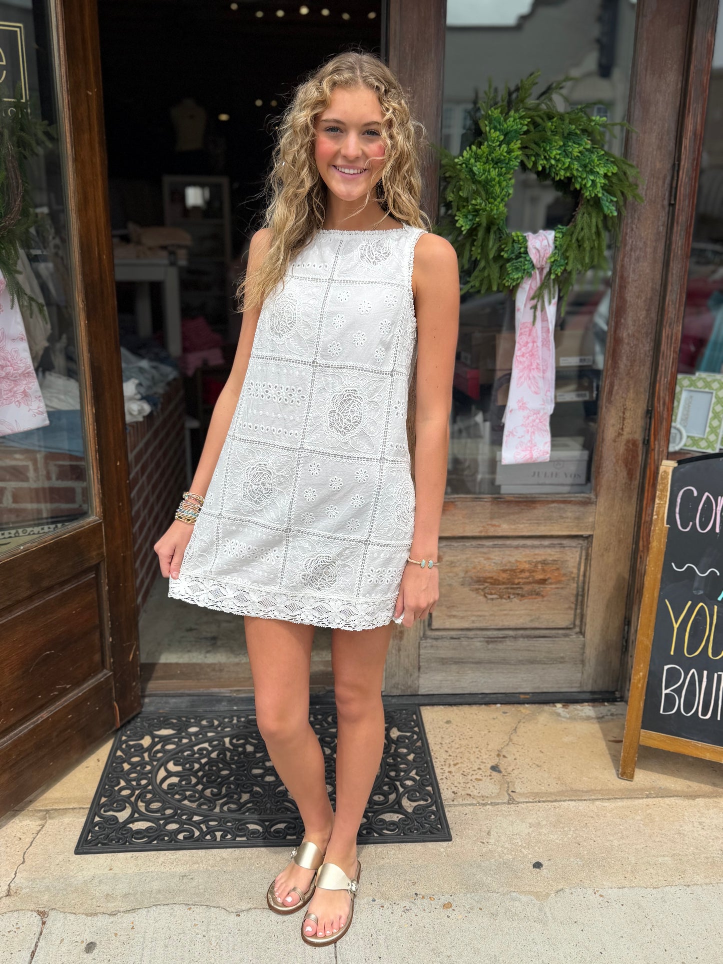 White Eyelet Mini Shift Dress