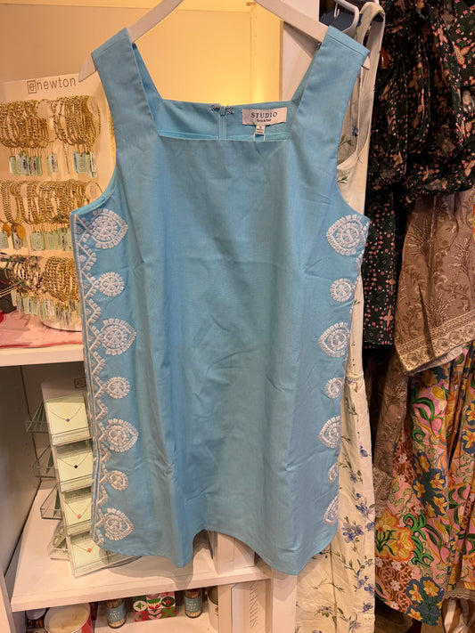 Medallion Embroidered Blue Mini Dress