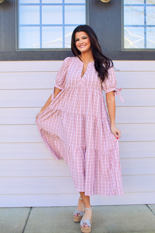 Gingham Tiered Dress in Pink/Blue