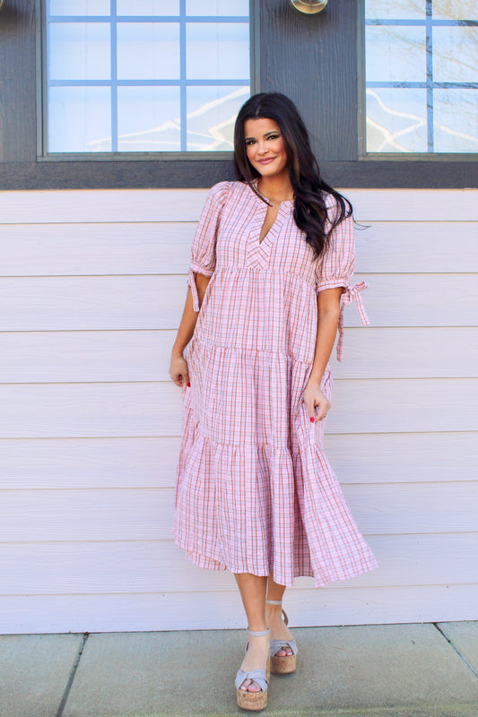 Gingham Tiered Dress in Pink/Blue