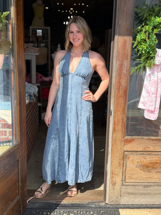 Halter Denim Godet Midi Dress