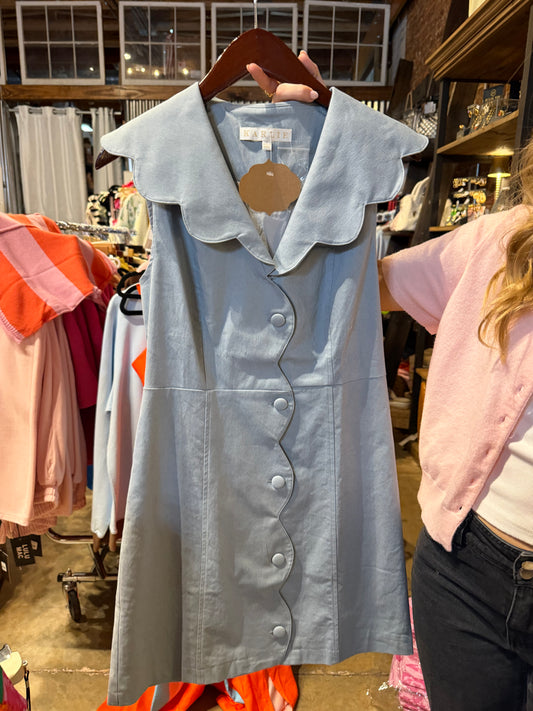 Blue Chambray Scalloped Mini Dress