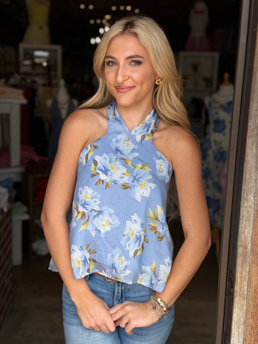 Blue Multi Flower Tie Neck Top