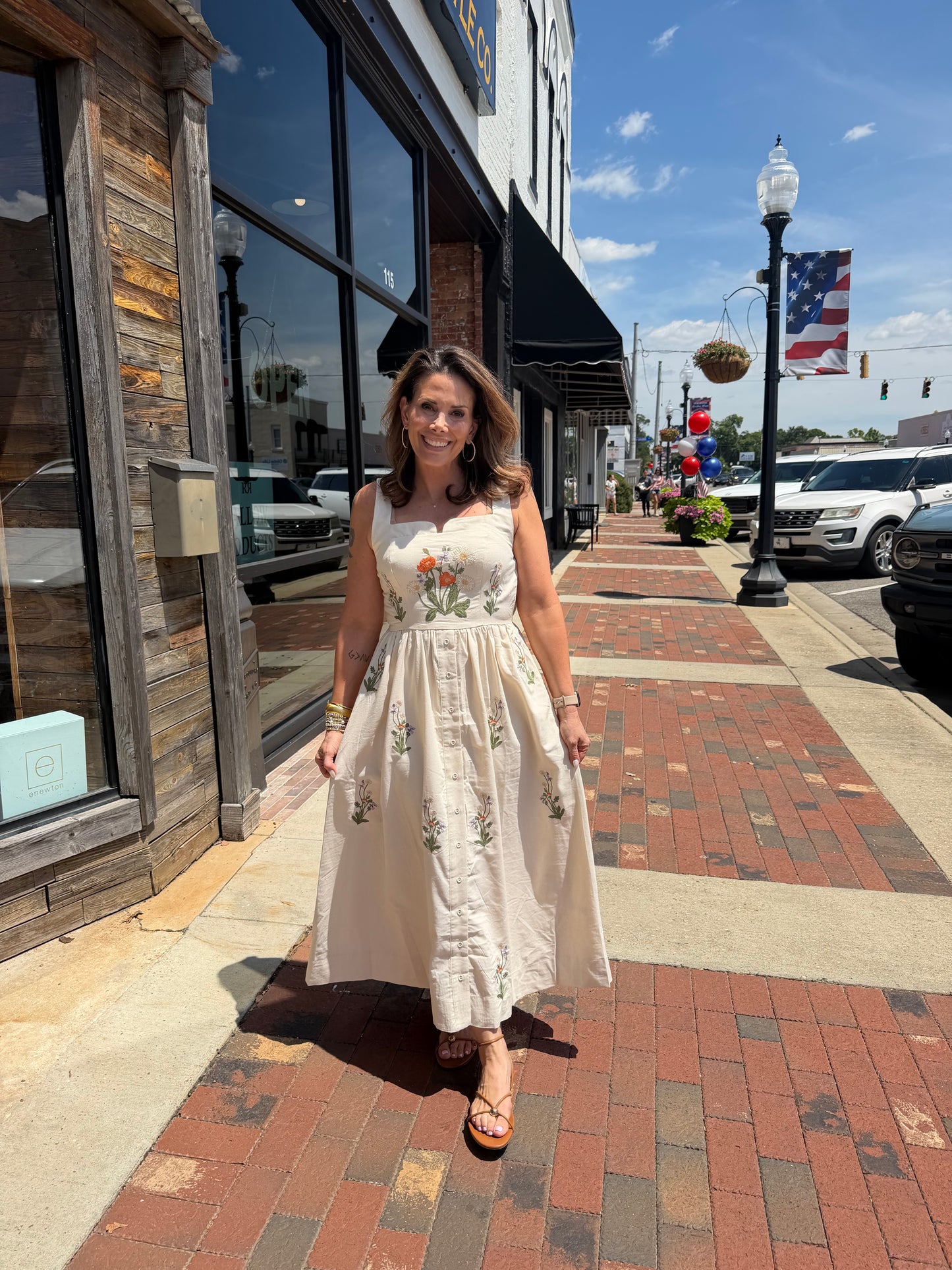 Floral Embroidered Square Neck Midi Dress