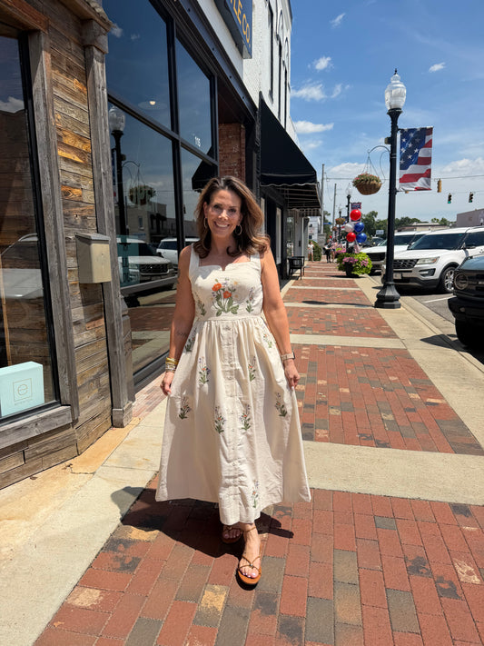 Floral Embroidered Square Neck Midi Dress