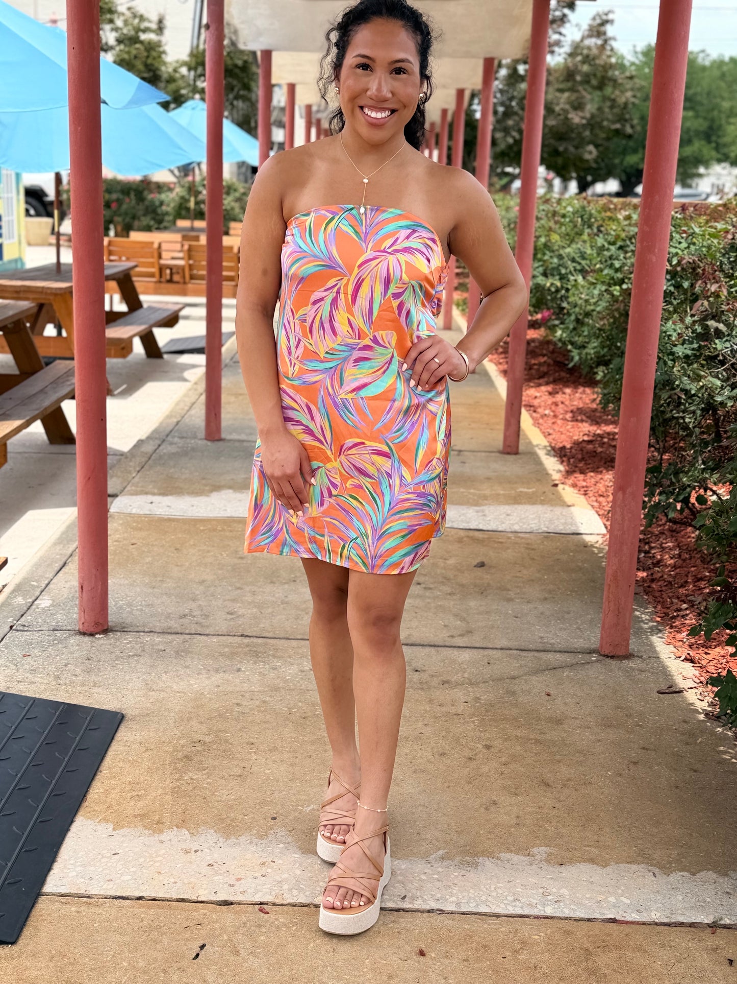 Sunburst Palm Strapless Dress
