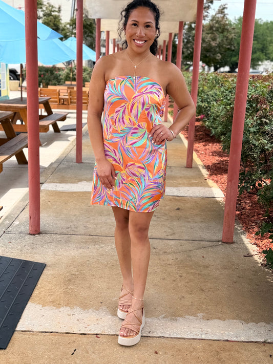 Sunburst Palm Strapless Dress