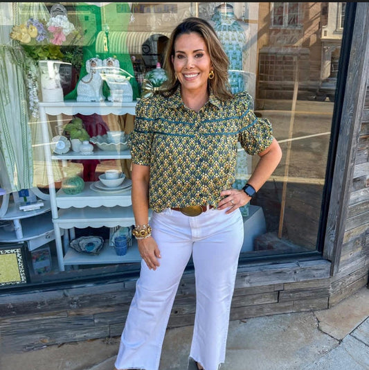 Green floral blouse