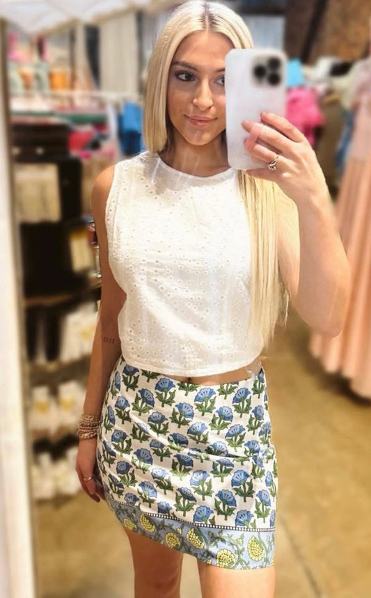 Blue and White Floral  Mini Skirt