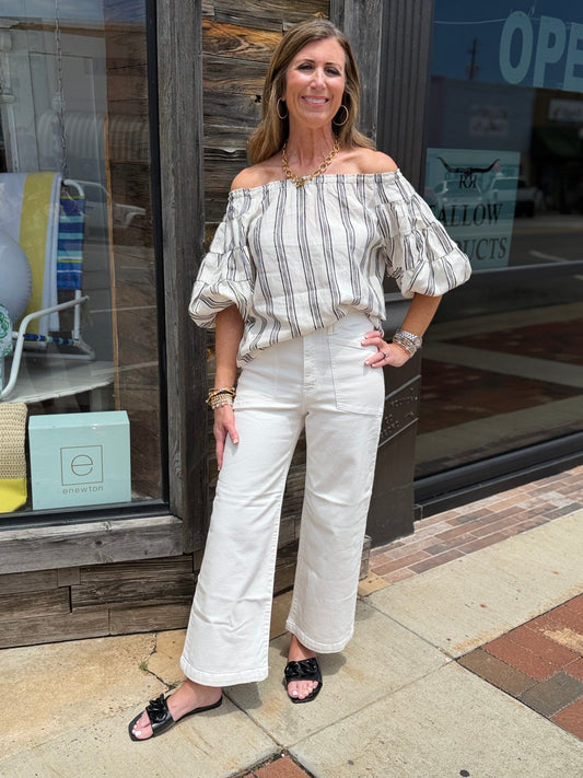 Striped Print Linen Off Shoulder Top