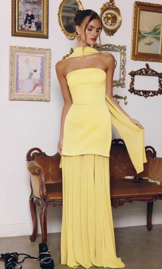 LT. Yellow Satin Chiffon Strapless Slit Gown