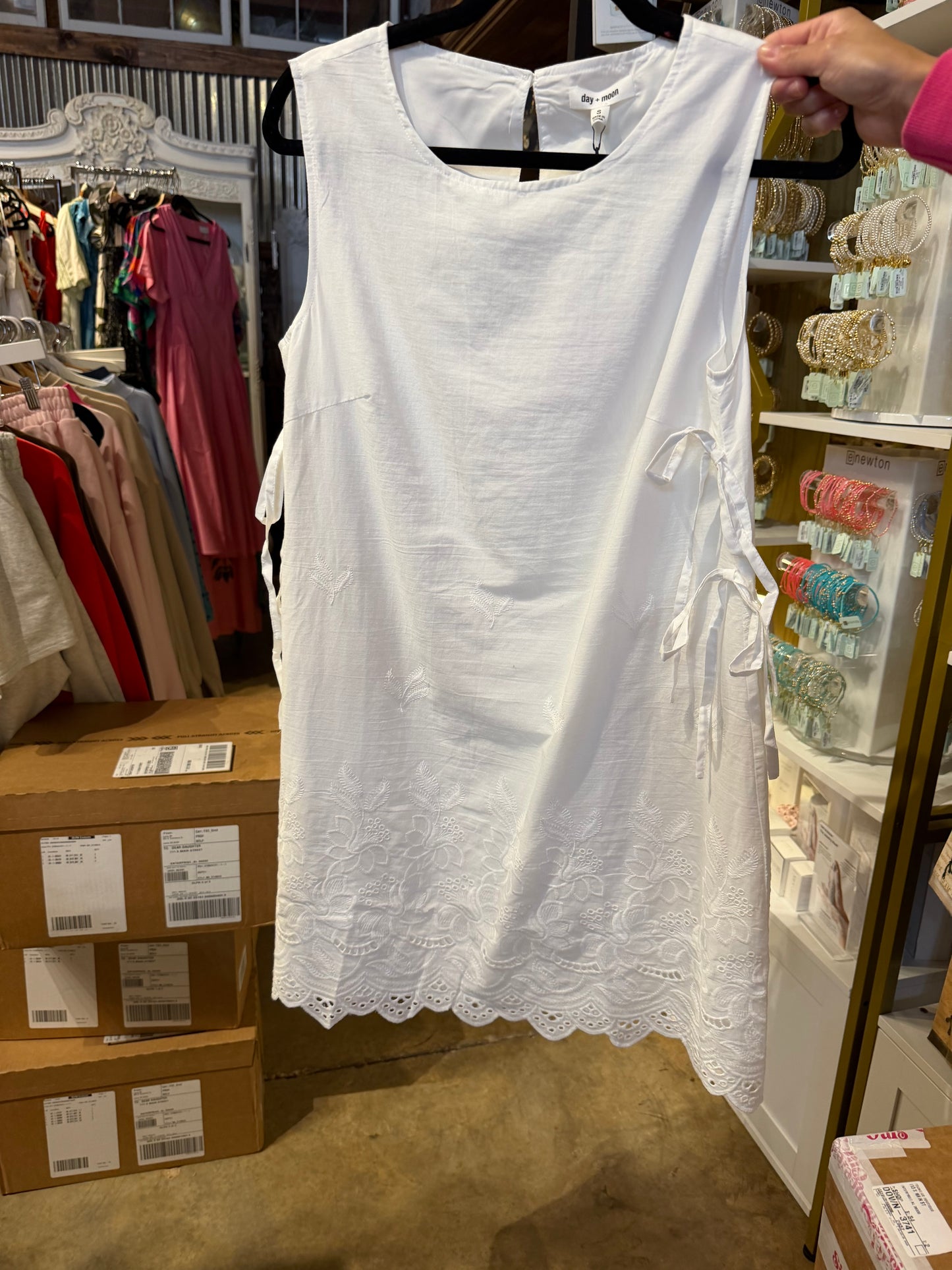Sleeveless Cotton Embroidered Mini Dress with Side Ties