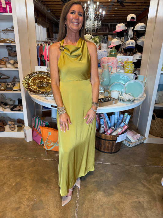 Chartreuse Satin Halter Dress