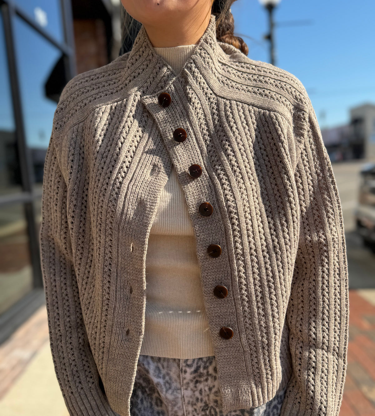 Taupe Mock Neck Knit Cardigan