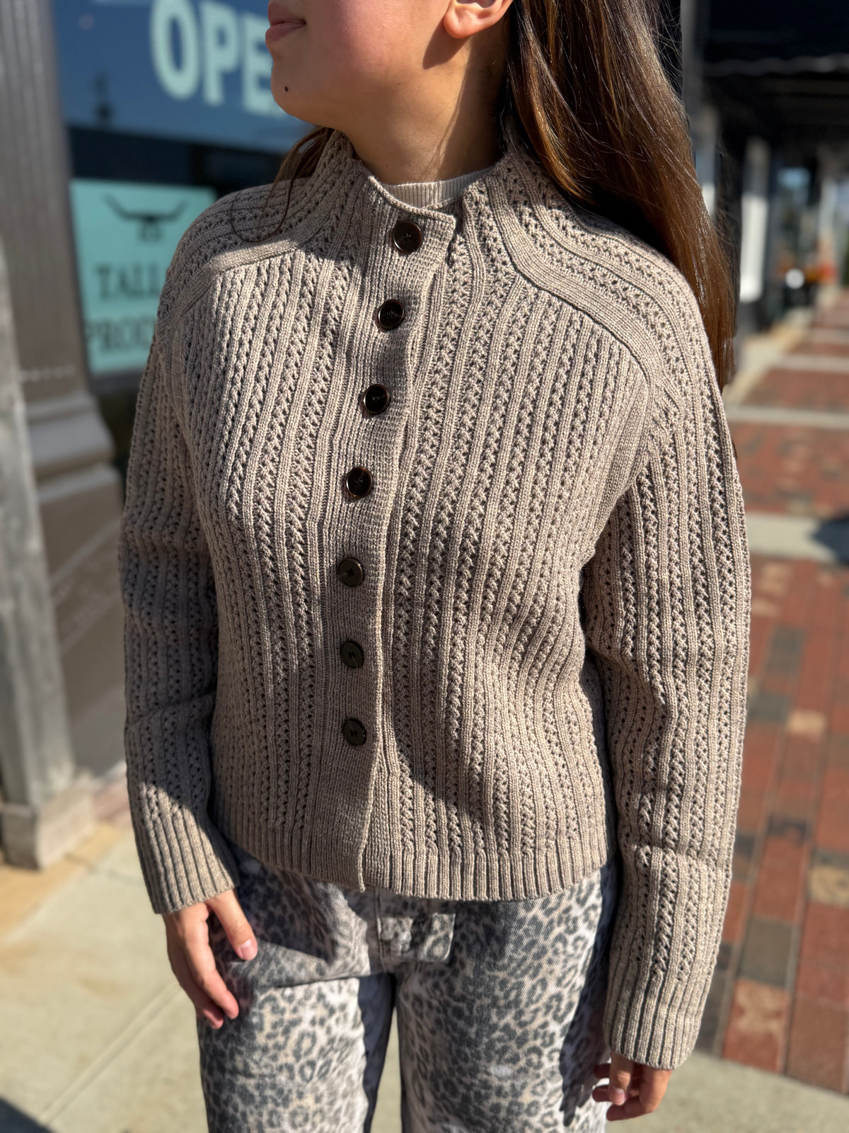 Taupe Mock Neck Knit Cardigan