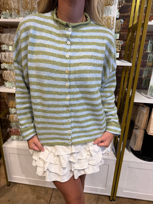 Striped Button Down Cardigan - Matcha