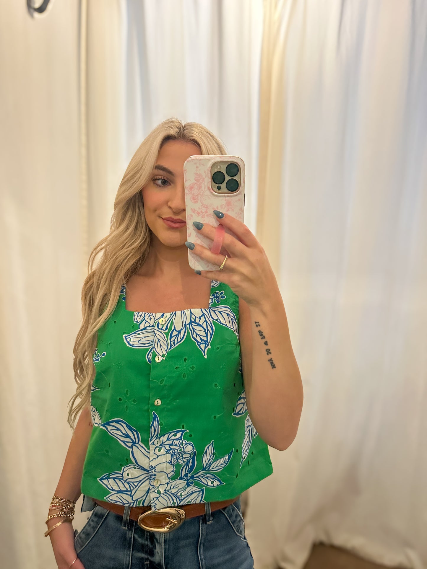 Green Floral Eyelet Top