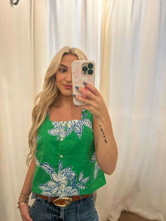 Green Floral Eyelet Top