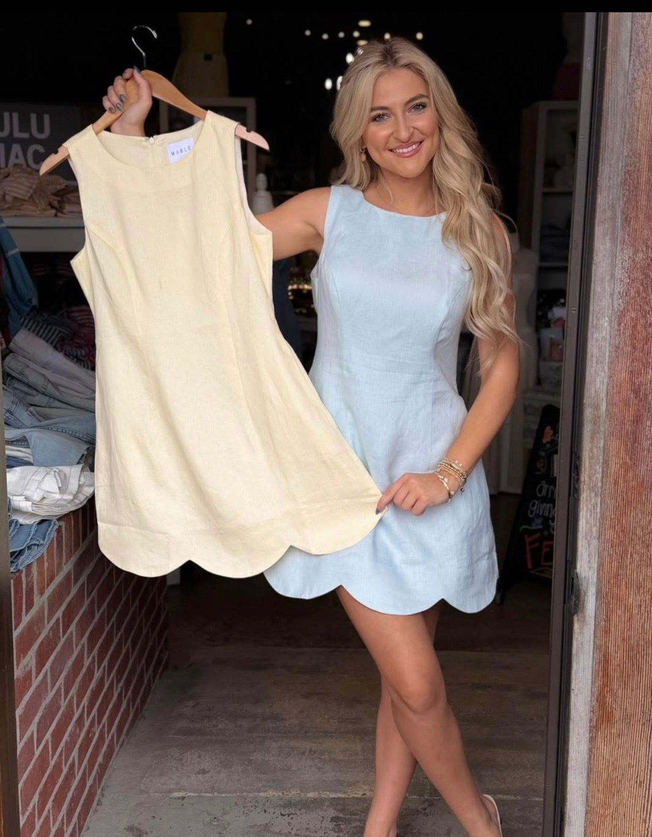 Linen Scallop Hem Mini Dress Blue