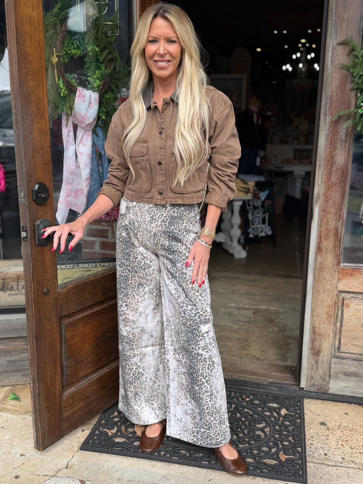 Distressee Leopard Wide Leg Jeans