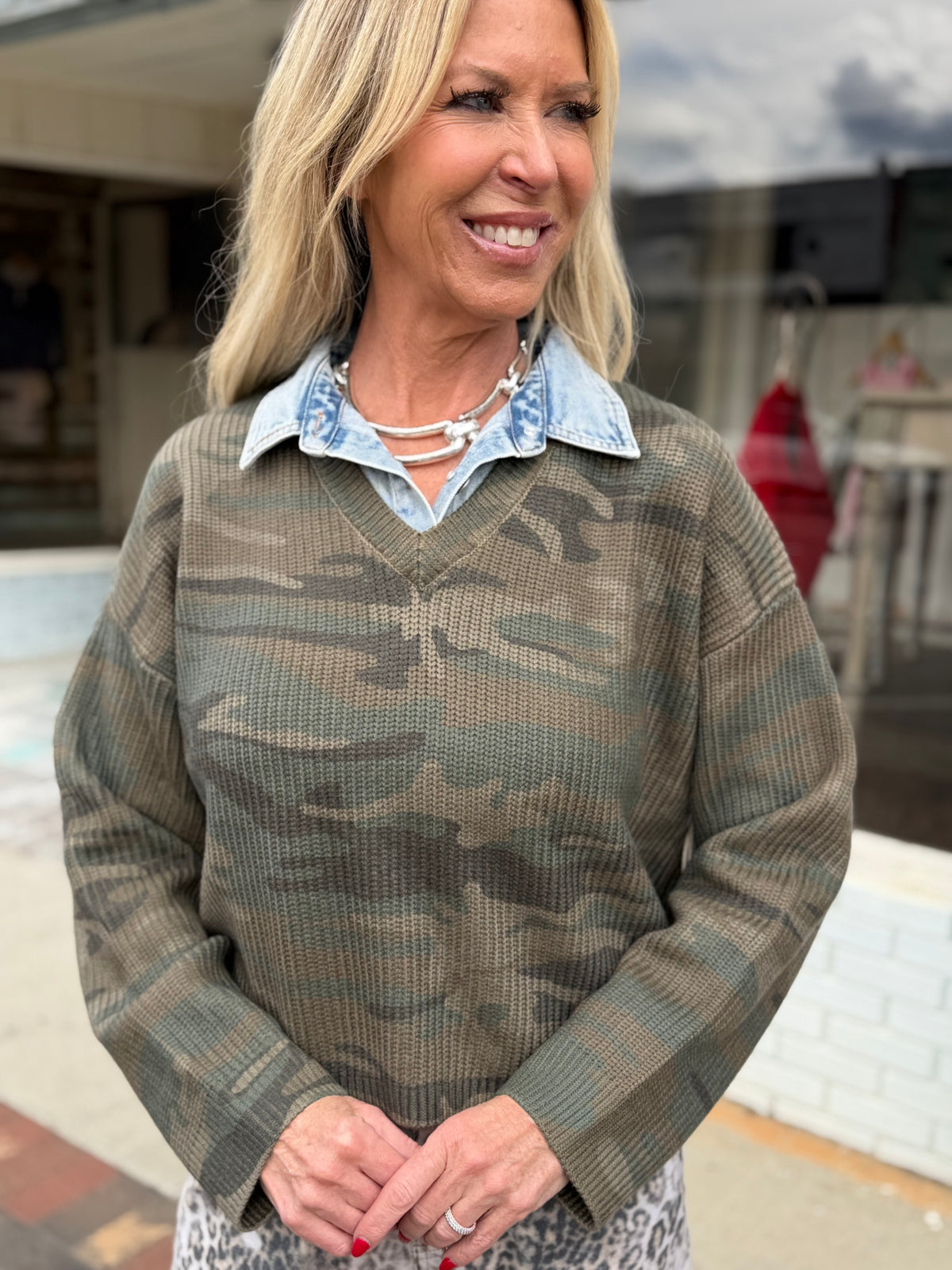 Camo Printed V-Neck w/Denim Sweater