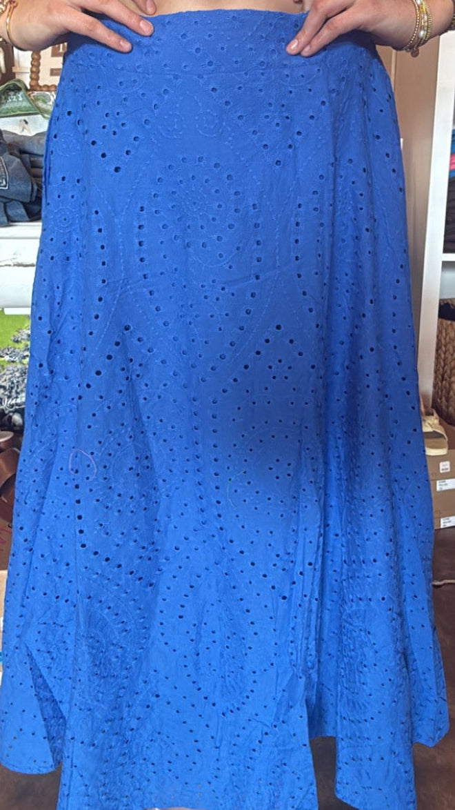 Blue Eyelet Midi Skirt