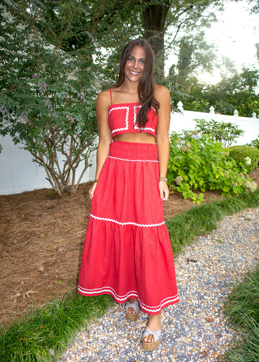 Chimes Red Linen Maxi Skirt