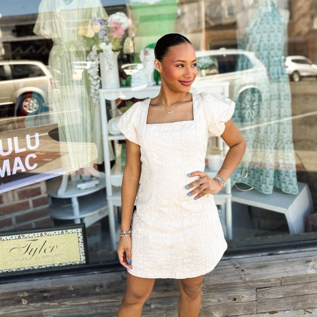 Puffy Sleeves Cream Mini Dress