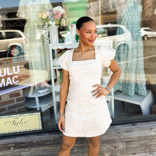 Puffy Sleeves Cream Mini Dress