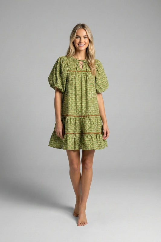 Olive Lotus Print Tiered Mini Dress