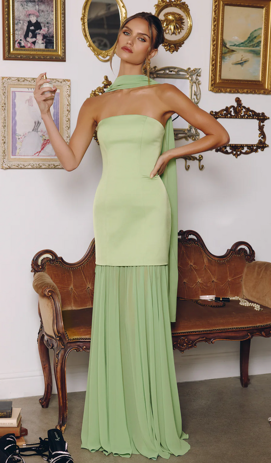 Sage Satin Chiffon Strapless Slit Gown