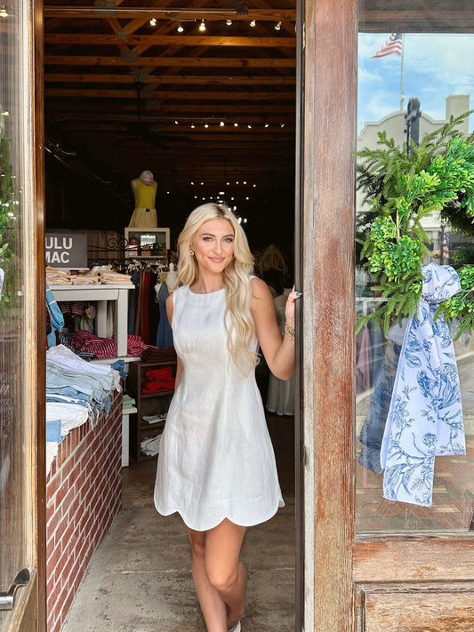White Linen Scalloped Dress