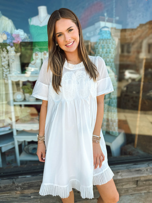 Off White Lace Mesh Pleated Dress