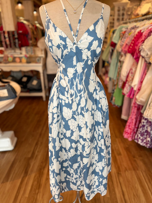 Blue & White Spaghetti Strap Maxi Dress