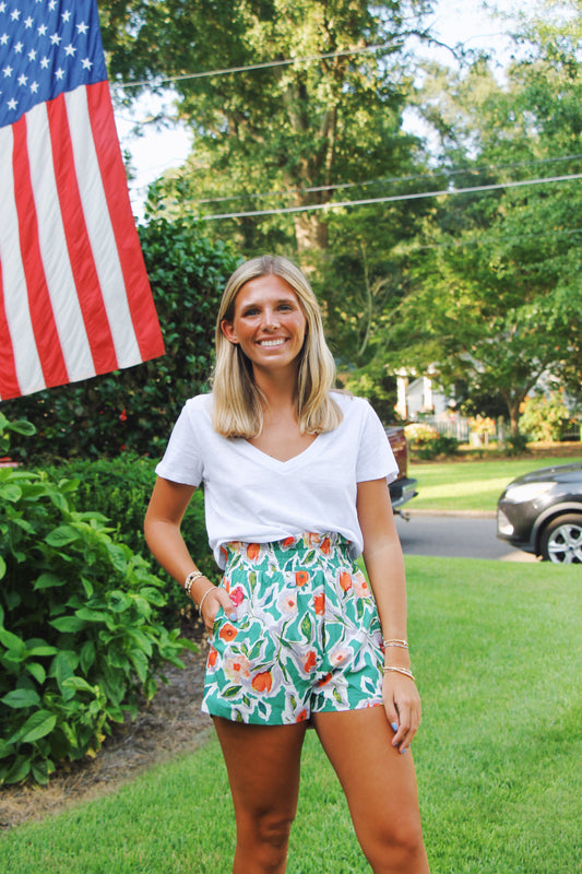 Green Floral Print Shorts