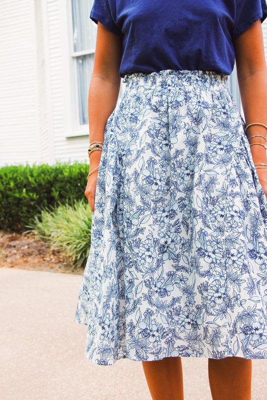 Blue and White Midi Floral Skirt