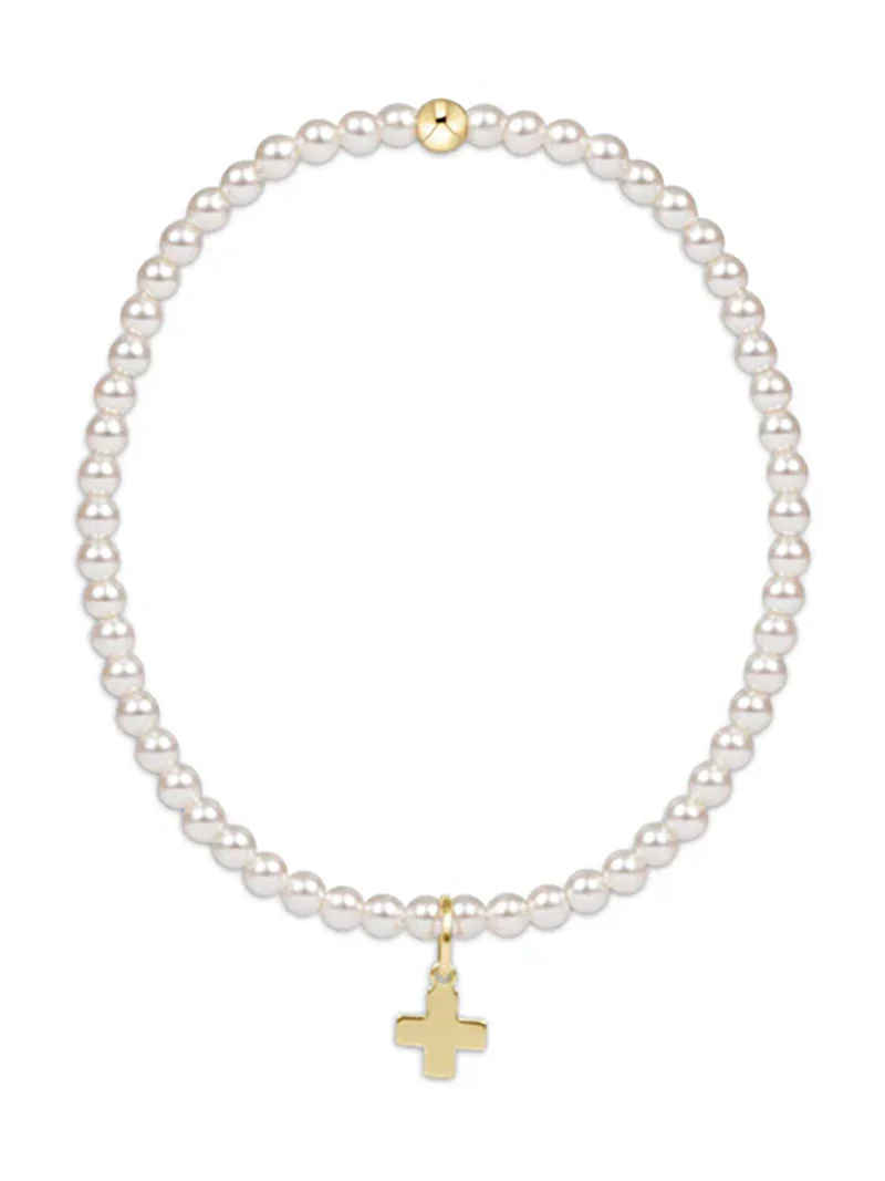 Classic Pearl Bead Bracelet Small Gold Cross Charm