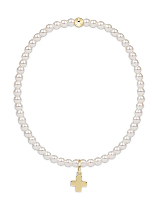 Classic Pearl Bead Bracelet Small Gold Cross Charm